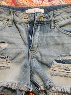 KanCan Light Blue Skinny Denim Shorts with Yellow Stitching